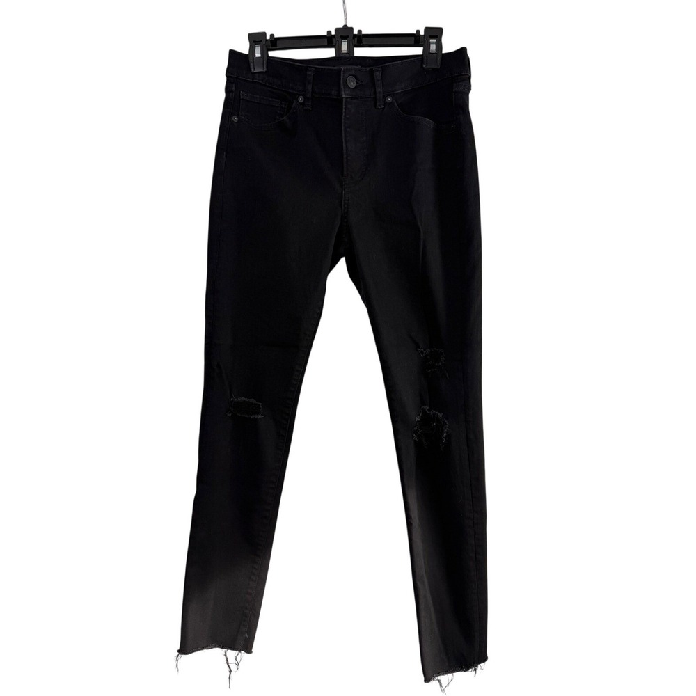 Express Mid Rise Skinny Jeans Black Distressed Raw Hem Women Size 6R